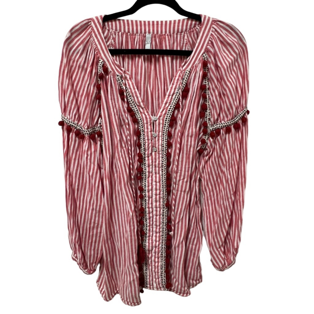ZARA TRF Red & White Striped Pom Pom Blouse Baloon Sleeves FLAWED, Size Small